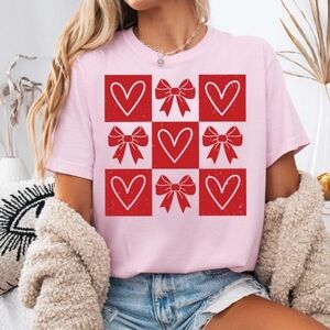 Pink T-Shirt with Red Bow and Heart Design